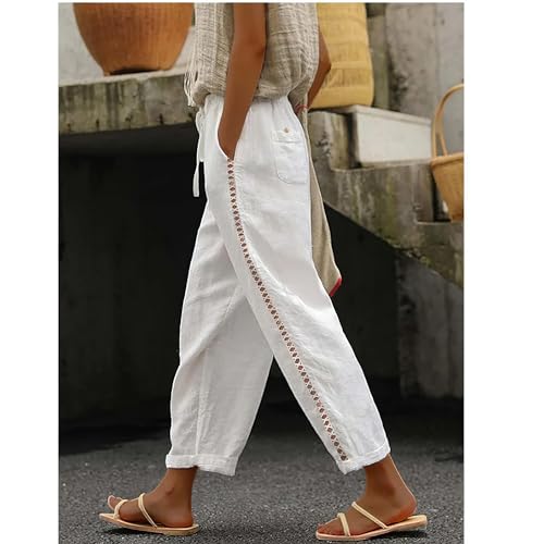 TIAFORD Women's Summer Casual Linen Pants Elastic Waist Relaxed Fit Straight Leg Crop Pants Beach Trousers with Pockets2