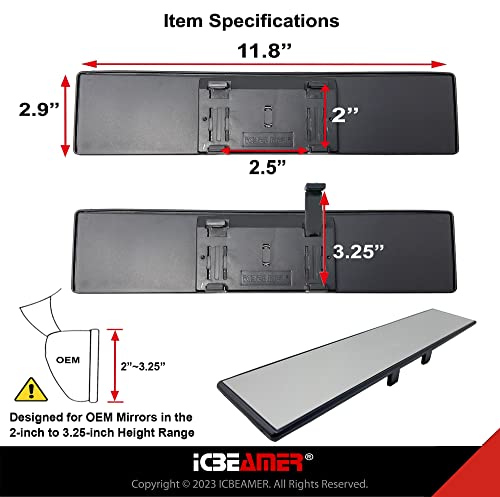 ICBEAMER 11.8" 300mm Easy Clip on Universal Fit Wide Angle Panoramic Auto Interior Rearview Mirror Flat Clear Surface