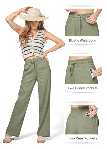 Image of Willit Women Linen Pants Wide Leg Casual Palazzo Pants Cotton Linen Lounge Beach Summer Pants with Pockets 29 inch /31 inch / 33 inch