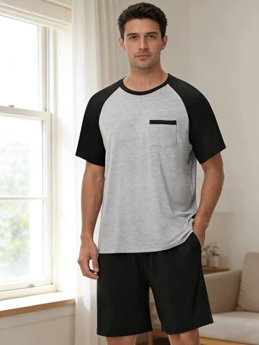 Image of Mens Pajamas Set Modal Soft Pajama Short Set Short Sleeve Pjs Sleepwear 2 Piece Lounge Set With Pockets S-3XL