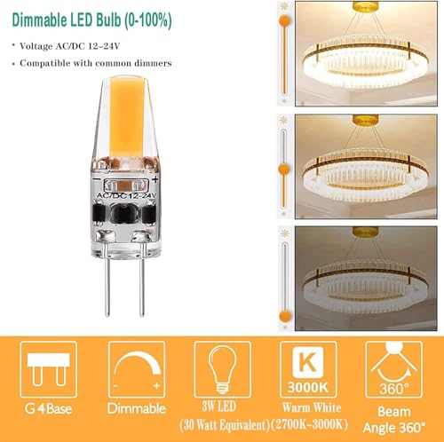 Żarówki LED G4, ściemniane 3 W, ciepła biel, 3000 K, AC/DC 12 V-24 V, energooszczędny zamiennik halogenu 30 W, bez migotania