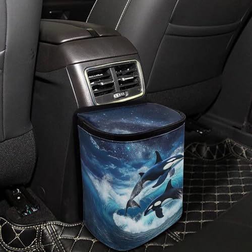 Image of DISNIMO Ocean Killer Whale Hanging Car Trash Can Black Car Garbage Storage Bag with Lid Auto Rubbish Bin Leak-Proof Cars Trash Can Portable Organizer for Men Women Keeps Clean