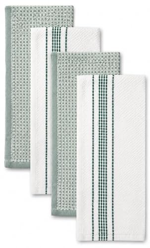 Image of Kitchen Towels, Cotton Hand Towels White & Turquoise Mini Weaved Stitched Design 4 Pack Absorbent Hand Drying Cloths, 18 x 28 Kitchen Linens