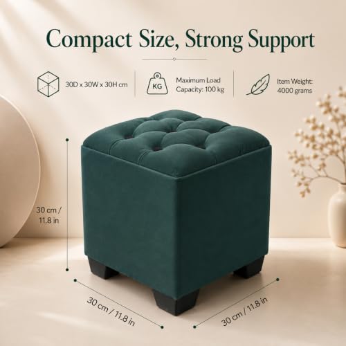 Image of Velvet Cube Ottoman | Seating Stool for Living Room | Soft Cushioned Footrest Stool with Durable Plastic Legs | Multipurpose Seating, Side Table & Pouffe Home Decor, 12x12x14 inch (Green)