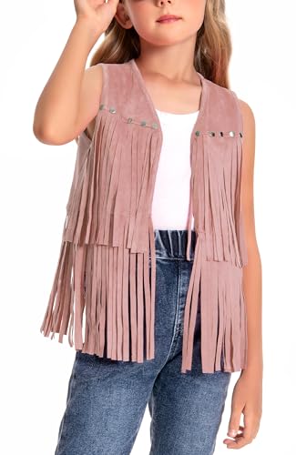 Image of Happy Cherry Pink Cowgirl Vest for Girls Western Hippie Vest Suede with Rivets Vintage 60s 70s Concert Vests 7-8Years