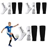 AOTLEE 5-12 Ages Kids Football Grip Socks with Sock Sleeve Set,Breathable Grip Socks Team Leg Sock,Anti-Slip Sports Protection Set for Soccer, Rugby, Basketball, Field Hockey, Hiking (White, 5-8Ages)