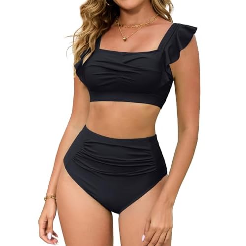 Arolina Womens High Waisted Bikini Sets Full Coverage Ruffle Swimsuits Two Piece Tummy Control Cheeky Bathing Suit Black X-Large