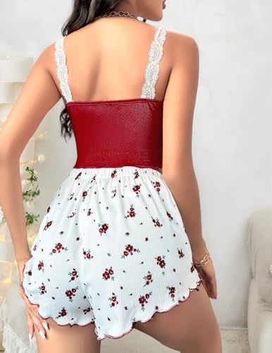 Image of Girece Sexy Pajama Set for Women 2 Piece lounge Set Floral Cami and Shorts Lingerie Set Cute Pjs Lace Trim Sleepwear