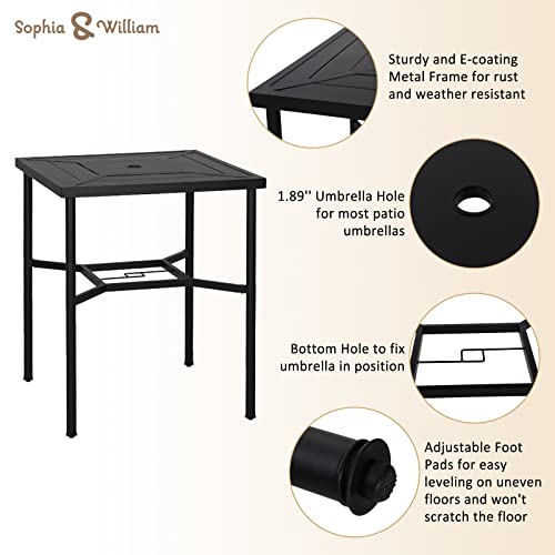 Sophia & William Patio Bar Set 5 Piece Outdoor High Dining Table And Chairs, Metal Furniture Set With 4 Swivel Bar Stools With Red Cushion And 1 Square Bar Height Table With 1.89'' Umbrella Hole #TOP2