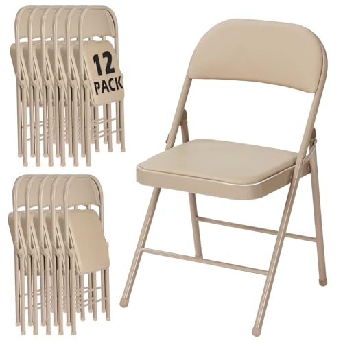 Image of 12 Pack Khaki Folding Chairs with Padded Cushion and Metal Frame