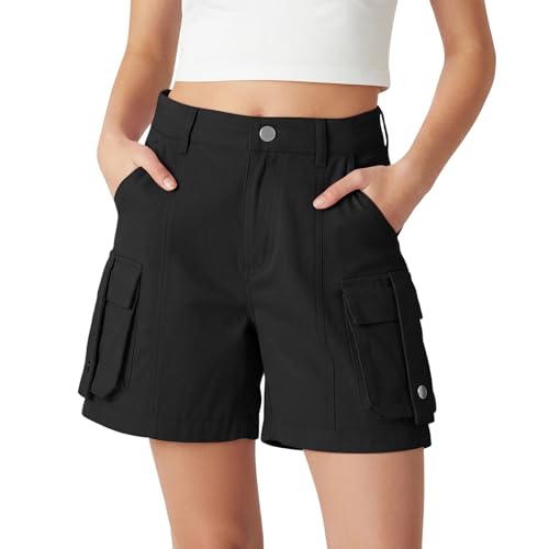 Image of Rolanko Girls Cargo Shorts, Lightweight Cotton with A Semi Elastic Waistband Summer Uniform Shorts for Tweens, Black, 14-15 Years, 170