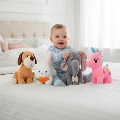 Image of Pack of 4 Soft Toys Pack of 4 Soft Toys Combo Grey Appu, Unicorn, White Rabbit, Setting Dog Cute Kids Baby Boys /Girls Animal Stuffed Plush Toy.