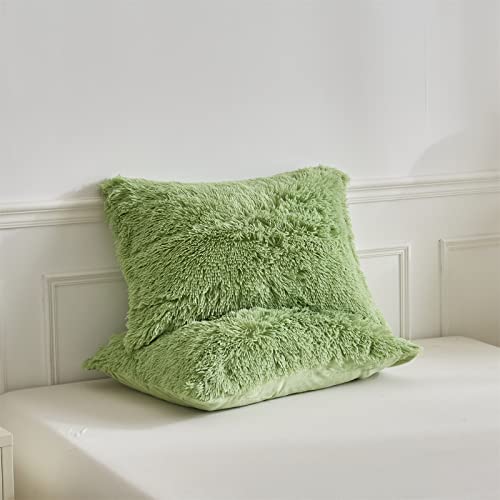 Wajade Faux Fur Plush Sage Green Comforter Set Fluffy Fuzzy Shaggy Bedding Set - 3Pc Full Size Microfiber Soft Warm Quilt Set #TOP6