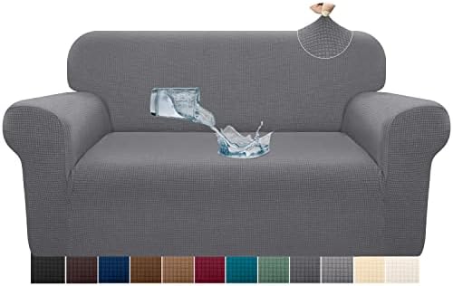 Kiduck Modern Water-Repellent Loveseat Cover for 2 Cushion Couch, Stylish Jacquard Pattern High Stretch Slipcover, Leakproof Furniture Protector with Elastic Bottom for Kids, Pets(Medium,Light Gray)