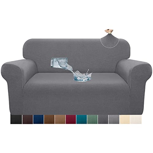 Kiduck Modern Water-Repellent Loveseat Cover For 2 Cushion Couch, Stylish Jacquard Pattern High Stretch Slipcover, Leakproof Furniture Protector With Elastic Bottom For Kids, Pets(Medium,Light Gray) #TOP2
