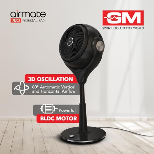 Image of GM Airmate Pro Pedestal Fan with Remote | Black| 230mm Sweep | BLDC Motor | 3D Oscillation | 30-Speed Control | Silent Operation | Timer | Adjustable Height | Powerful Cooling Fan