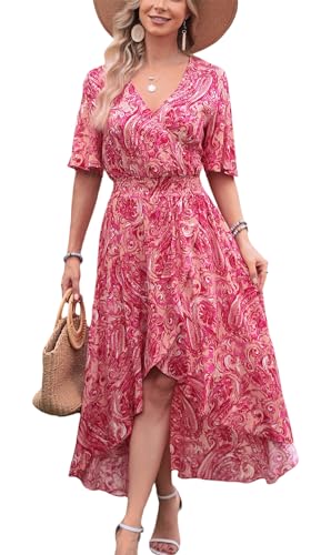 Image of Kormei Women Short Sleeve V Neck Floral High Low Flowy Summer Party Long Maxi Dress