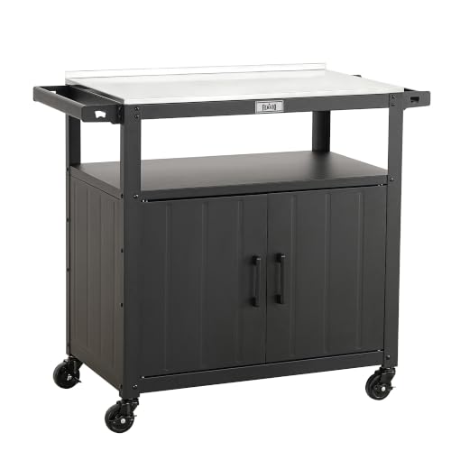 Feasto Chariot pour Barbecue avec Armoire de Rangement, Desserte Plancha avec Plateau en Acier INOX sur 4 Roues Directionnelles, pour Jardin, Terrasse ou...