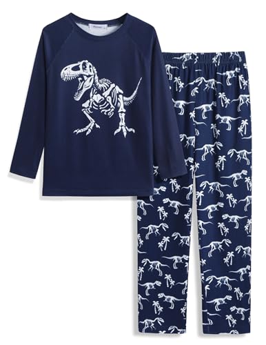 Arshiner Boys Dinosaur Pajamas Set Long Sleeve Sleepwear 2 Piece Blue Pajama Set for Big Boys 8-9 Years