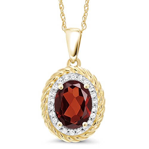 Gem Stone King 14K Yellow Gold Red Garnet and White Diamond Pendant Necklace For Women (1.35 Cttw, Gemstone Birthstone, Oval 8X6MM, with 18 Inch Chain)