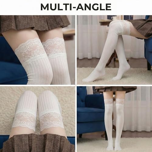 Image of Kraptick Women's Thigh High Stockings with Lace Top Soft Ribbed Stretchable Nylon Stocking, Fashion Hold-Up Stockings for Regular Use & Comfort Fit -2