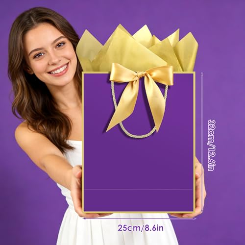 Image of JMANNI 1PCS Large Gift Bag with Ribbon and 1 Greeting Card 2 Tissue Papers, Portable Paper Gift Bag with Handles, Birthday Present Bags for Wedding Party,Mother's Day 12.6 inch x 9.8 inch x 3.9 inch(purple gold)
