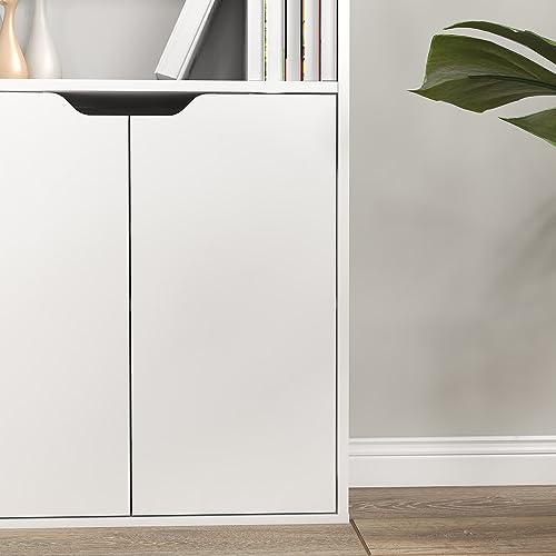 Panana 6 Tier Bookcase with 2 Doors, Wooden Cube Shelves Soild Wood Tall Bookshelf Storage Cupboard Organizer Display Free Standing Unit (White) - Image 7