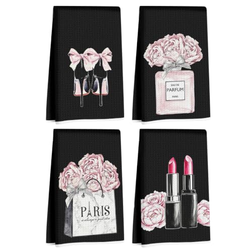 Image of 4 Pcs Black Fashion Hand Towels, Perfume Bow Decor Reusable Dish Towels
