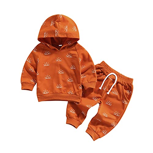 Karesoull Winter Newborn Baby Boy Clothes Set Cute Infant Sun Printed Hooded Outfits Cotton Long Sleeve Hoodie Tops Pants 2PCS (Hooded Brown, 12-18 Months)