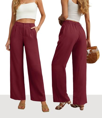 Image of Feiersi Womens Casual Wide Leg Pants High Waisted Button Down Straight Long Trousers Palazzo Pants