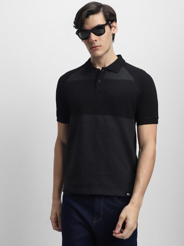 Image of Dennis Lingo Men's Black Cotton Polo Neck Tshirt, Regular Fit Half Sleeve