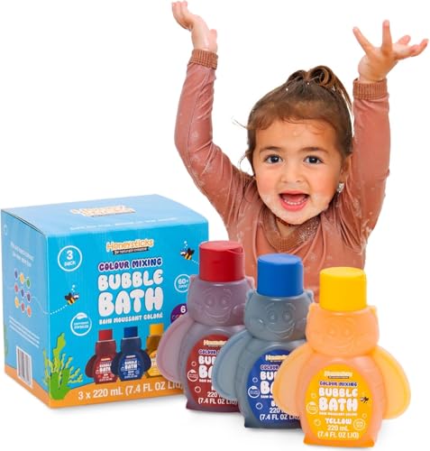 Honeysticks Kids Bubble Bath 3 Pk (Blue, Red, Yellow): Non-Toxic, Plant Based, Non Irritating - Changes Water Color and Creates Super Foaming Bath Bubbles - Safe for Toddlers 1-3, Kids 4-8, Bath Toys