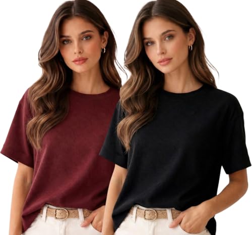 DIS INVENT Women's Polycotton Half Sleeve Round Neck Oversized Solid Combo T-Shirts (Maroon, Black; XL) Deal