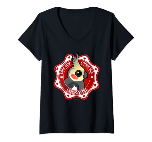Womens Cute Cartoon Cockatiel Gift: This Guy Loves His Cockatiel V-Neck T-Shirt