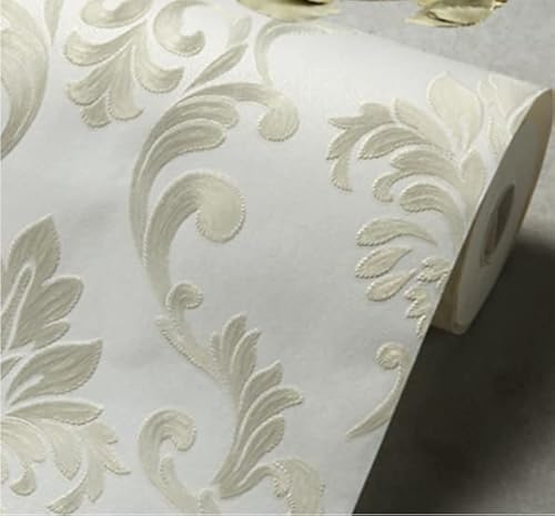 Q Qihang Non-Woven Wallpaper 3D European Damascus Wallpaper Warm Wedding Room Bedroom Living Room Tv Background Non-Pasted Wallpaper 1.73' W X 32.8' L (Rice White) #TOP2