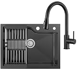 CECIPA 60x45 cm Lavello Nero in Acciaio Inox con Arco Rubinetto Cucina Estraibile, Lavandino Cucina 1 Vasca Nero per Mobile da 60cm