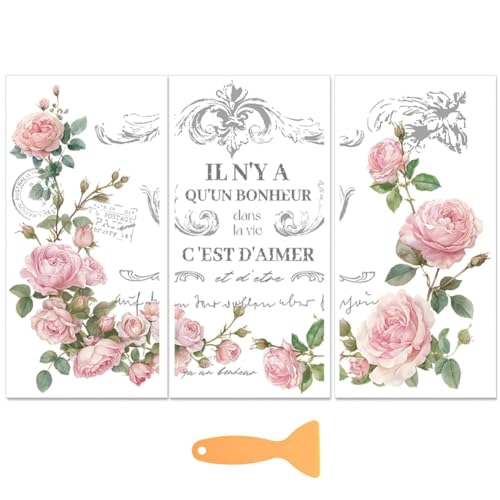 PLIGREAT 3 hojas Calcomanías con motivo floral rosa para manualidades Patrón retro decorativo Muebles Calcomanías para cajoneras de madera Armario Decoración Muebles antiguos Renovación Pegatinas de