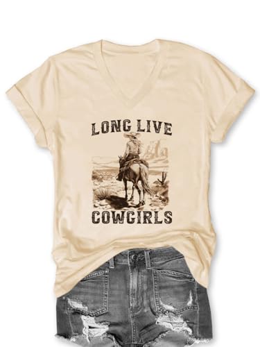AIMSEN V Neck Long Live Cowgirls Shirts for Women Western Tee Funny Country Music Tshirt (7Beige S)