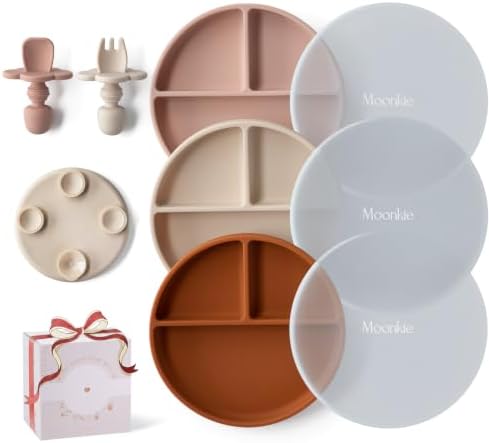 Moonkie 3pc Silikon Kinderteller mit Deckel, Baby teller mit Saugnapf, BPA-freie Rutschfest Geteilte Geschirr Set mit Gabeln und Löffel, Mikrowellen und Spülmaschinenfest(Shifting
