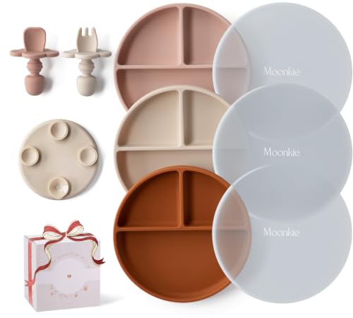 Moonkie 3pc Silikon Kinderteller mit Deckel, Baby teller mit Saugnapf, BPA-freie Rutschfest Geteilte Geschirr Set mit Gabeln und Löffel, Mikrowellen und Spülmaschinenfest(Shifting Sand/Blush/Erdgelb)