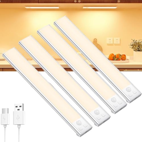 Under Cabinet Lighting, JOZUTTOW 4-Pack Motion Sensor Closet Lights, Wireless USB Rechargeable Led Light Bars, Sensor Night Lights for Drawers, Wardrobe, Cupboard, Stairs, Hallway, Kitchen (20CM)