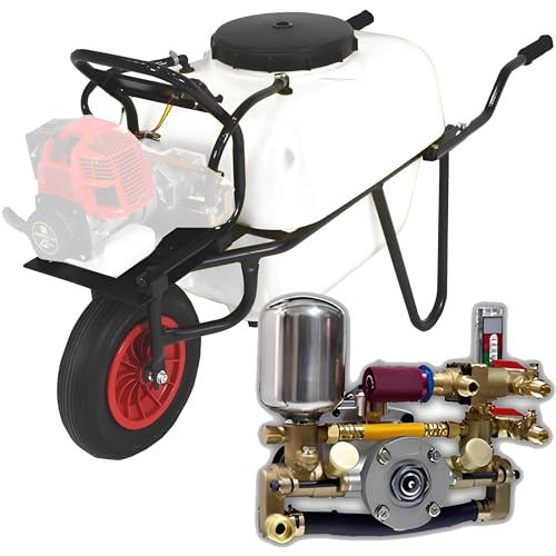 Carretilla fumigadora 100L con motor Mitsubishi 2,5cv y bomba con 2 pistones 40bar 15ltr. Uso profesional intensivo. Sulfatadora para todo tipo de líquidos.