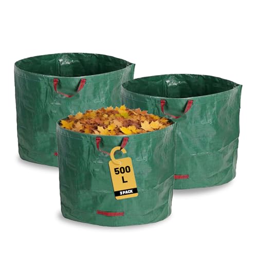 Ouqiesli 3 Pack Reusable 500L Heavy Duty Garden Waste Bags with Handles - Polypropylene Laminated Grid Fabric, for Collecting Yard Debris, Leaves & Grass Clippings