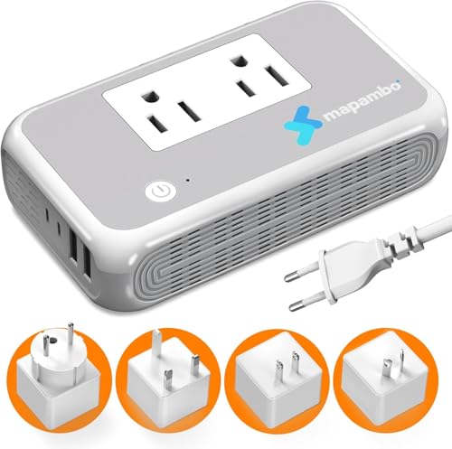 Image of Voltage Converter US to Europe for Curling Iron and Hair Straighteners, 220V to 110V Converter for European Travel Plug Adapter with 2 USB A & 2 USB C Ports (Grey White-Global)