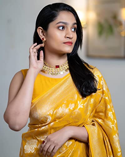 Image of Flosive inchElegant Yellow Banarasi Saree for Women - Wedding & Festival Wear, Silk Blend with Intricate Floral Design -Traditional Indian Saree