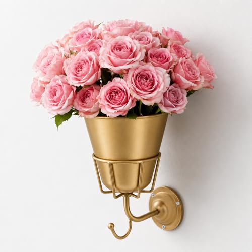 Gold Wall Vase for Flowers Boho Metal Hanging Vessel Versatile Organizer Wall Decor for Home Living Room Bedroom Bathroom & Kitchen Office