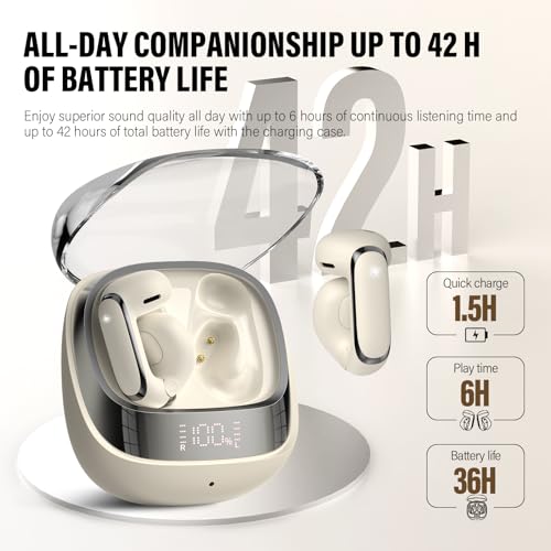 Image of Clip On Ear buds, Open Ear Headphones, Bluetooth 5.4 HiFi Stereo Clip Earbuds, 42H, LED Display Wireless EarBuds, Comfortable Lightweight, IP7 Waterproof Earphones, Earbud for Workout Running, White