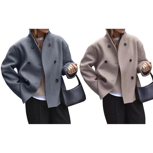 Women's Winter Jacket Double Breasted Wool Blend Blazer Coat Casual Long Sleeve Stand Collar Outwear 2024 Fall Outfits4