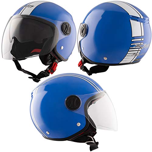 Casque Moto Jet Bleu Brillant ECE 22 06 Visière Graphique Blanc Open Face M