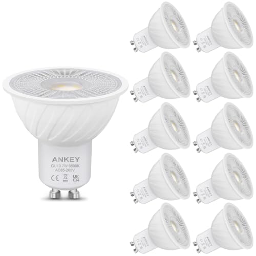 Ankey bombillas LED GU10, 7W equivalentes a 60W, Blanco 6500K, 650 lúmenes, larga duración, bajo consumo, aptas para iluminación de carril y casas empotradas,no regulables,Pack de 10